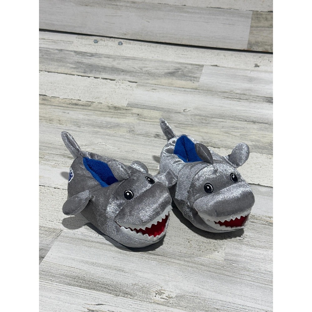 Build A Bear Shark Slippers Boys 11-12 Grey Metallic Plush Animal EUC